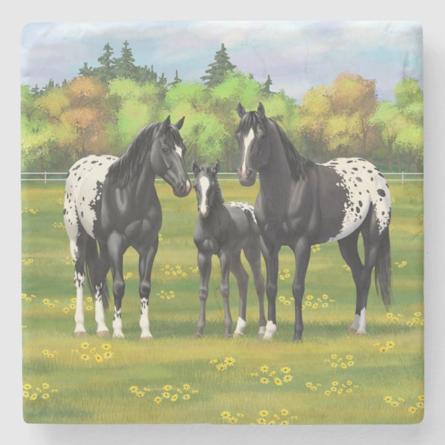 Posavasos De Piedra Caballos Appaloosa Negros En Pastel De Verano (Anverso)
