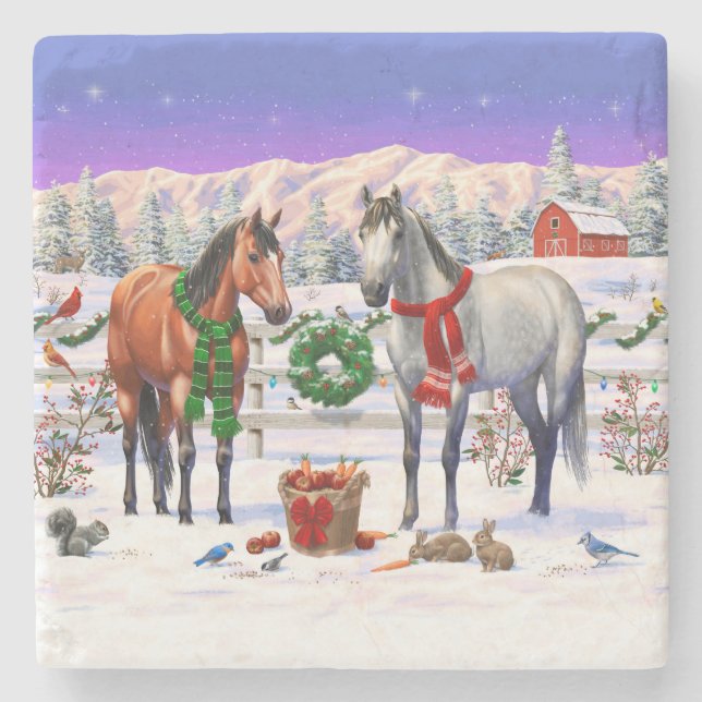 Posavasos De Piedra Caballos navidades en nieve (Anverso)