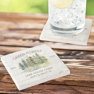 Posavasos De Piedra Cabaña Lodge Acuarela Bosque Verde Brumoso Vintage