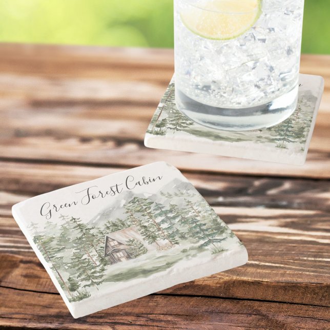 Posavasos De Piedra Cabina acuarela en bosque de pinos verdes (In situ)