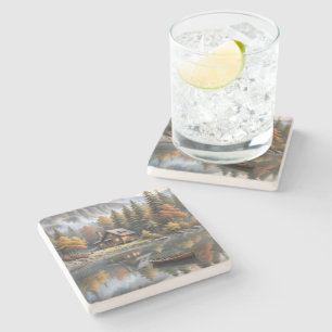 Posavasos De Piedra Cabina de Log de Montaña con bote de remos en un l