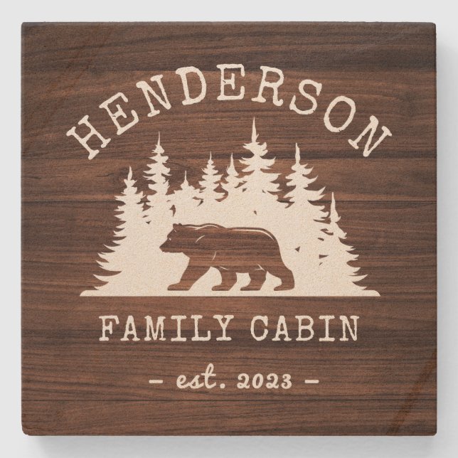 Posavasos De Piedra Cabina Family Bear Pine Woods (Anverso)