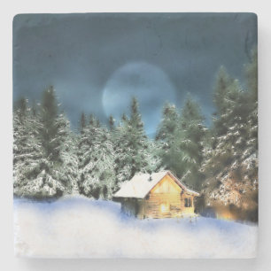 Posavasos De Piedra Cabina Rustic Log con Luna Llena