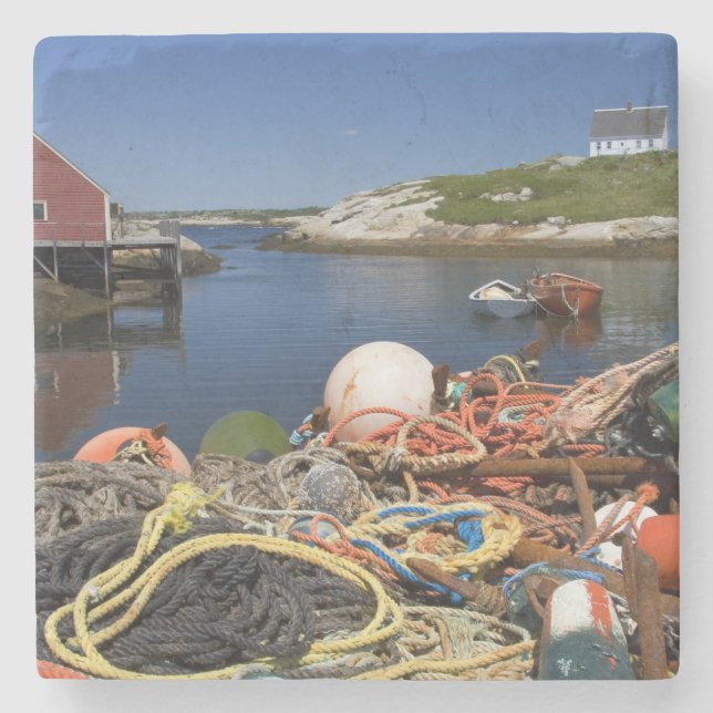 Posavasos De Piedra Cacerolas de bogavante, boyas y cuerdas en el muel (Anverso)