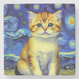 Posavasos De Piedra Cachorro Adorable Noche Estrellada Van Gogh