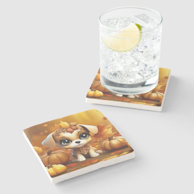 Posavasos De Piedra Cachorro de calabaza de otoño (Lateral)