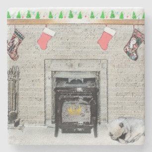 Posavasos De Piedra Cachorro de Navidad Keeshond junto a la chimenea P