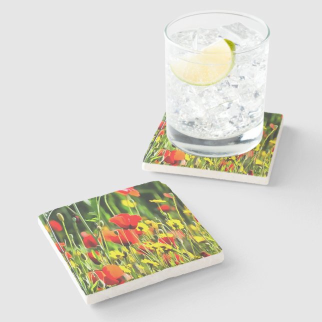 Posavasos De Piedra Cachorros De Primavera Y Pintura De Flores De Prad (Lateral)