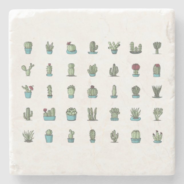 Posavasos De Piedra Cactus Suculentas Plantas Botánico Dibujado a Mano (Anverso)