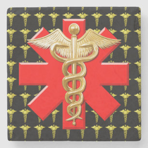 Posavasos De Piedra Caduceo del oro y cruz médica