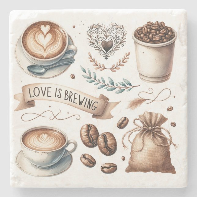 Posavasos De Piedra Café Latte Ilustrado Tema Amantes del Café (Anverso)