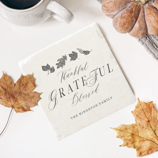 Posavasos De Piedra Caída de guión agradecida, agradecida y bendecida (Thankful, Grateful, Blessed Script Fall Leaves Stone Coaster)
