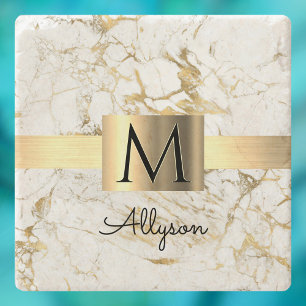 Posavasos De Piedra Caja de oro con mármol blanco y dorado, monograma 