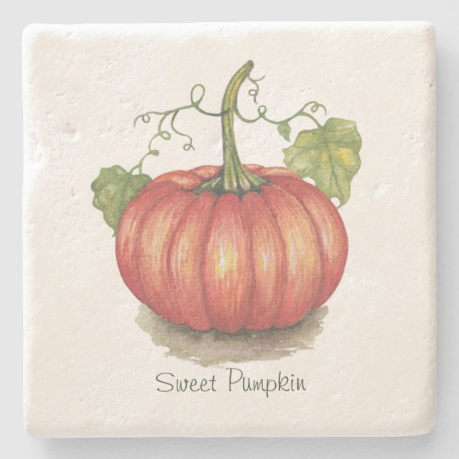 Posavasos De Piedra Calabaza Cuidada Con Vinas En Acuarela (Anverso)