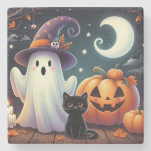 Posavasos De Piedra Calabaza, gato y fantasma de Halloween.
