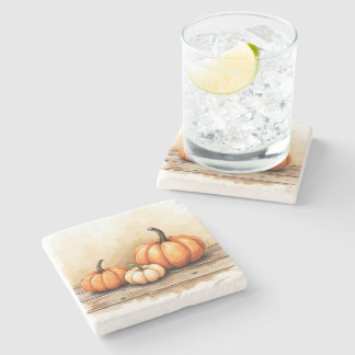 Posavasos De Piedra Calabazas de Otoño en Mesa de Madera