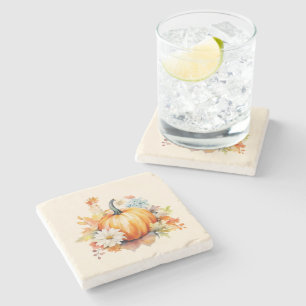 Posavasos De Piedra Calabazas Naranjas y Flores Otoño