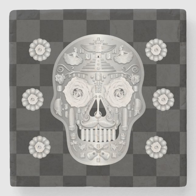 Posavasos De Piedra Calavera cromada (rosa blanca) (Anverso)