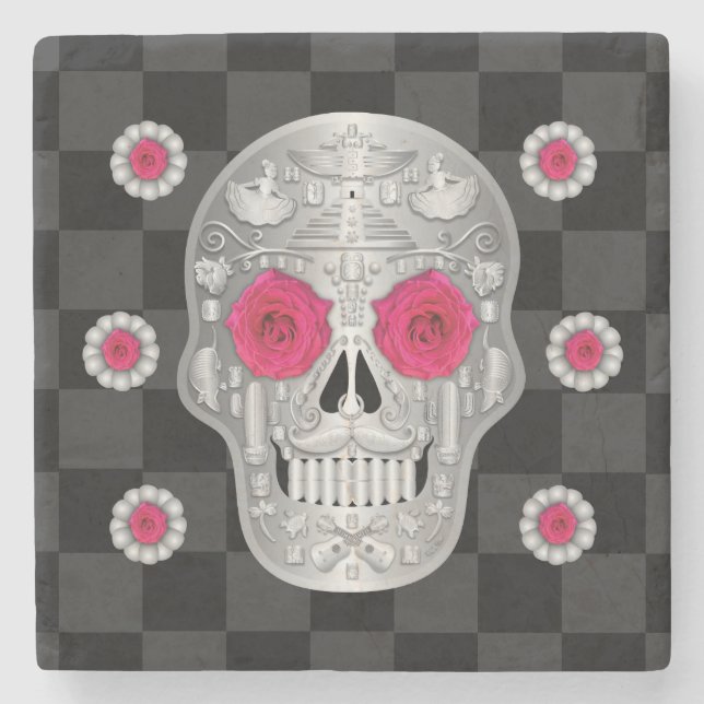 Posavasos De Piedra Calavera cromada (rosa rosa rosado) (Anverso)