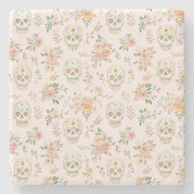 Posavasos De Piedra Calaveras de Azúcar Flores de Melocotón (Anverso)
