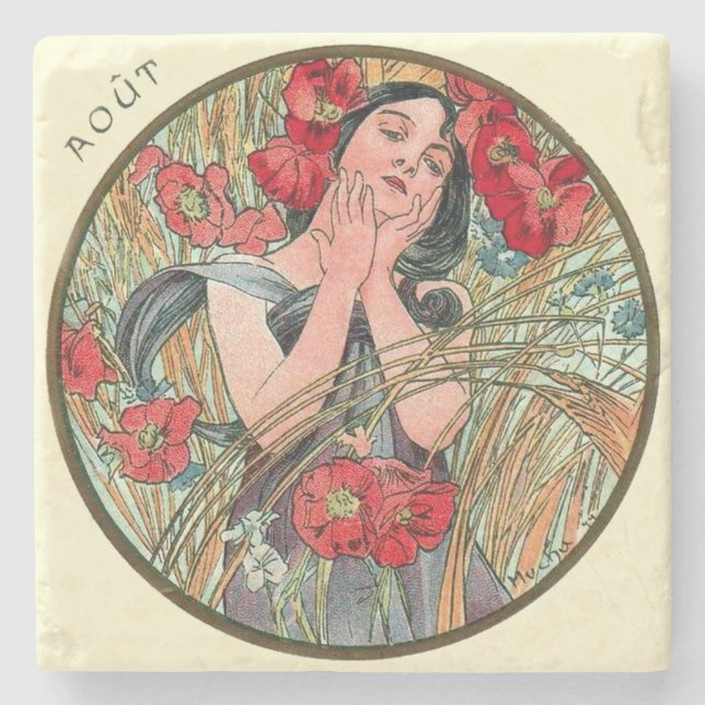 Posavasos De Piedra Calendario de Art Nouveau Mucha Agosto (Anverso)