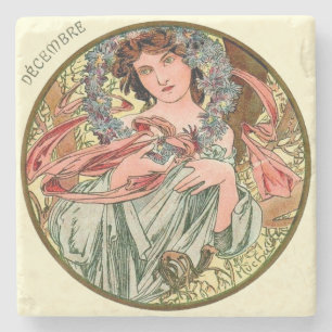 Posavasos De Piedra Calendario de Art Nouveau Mucha Diciembre