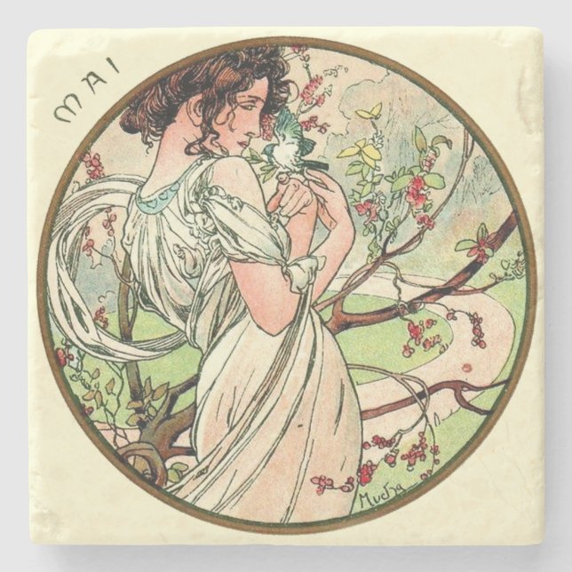 Posavasos De Piedra Calendario de Art Nouveau Mucha Mayo (Anverso)