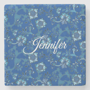 Posavasos De Piedra Caligrafía Elegante Floral Azul Nombre personaliza