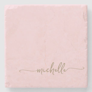 Posavasos De Piedra Caligrafía Elegante Nombre Monograma Dorado Script