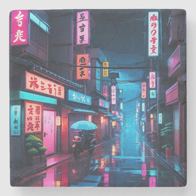 Posavasos De Piedra Calle de Tokio de noche LoFi Art (Anverso)