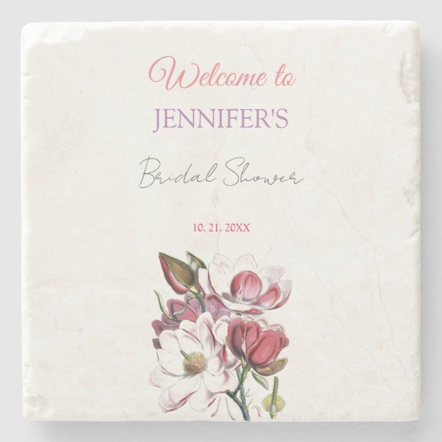 Posavasos De Piedra Calligrafía Elegante Floral Bienvenida Ducha Brida (Anverso)