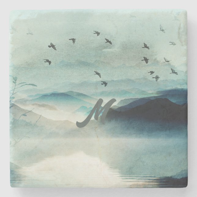 Posavasos De Piedra Calma Monogramada Naturaleza Watercolor Montaña Es (Anverso)
