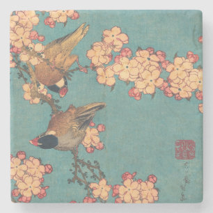 Posavasos De Piedra Camachuelo de Hokusai y Flor de Cerezo Ave Vintage