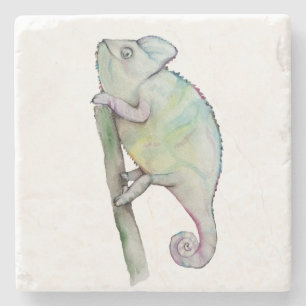Posavasos De Piedra Camaleón blanco pintado en acuarela