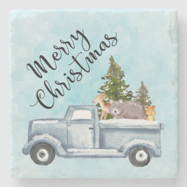 Posavasos De Piedra Camión navidad con pinos y animales forestales (Anverso)