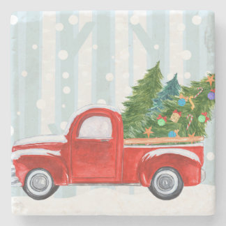 Posavasos De Piedra Camioneta pickup roja del navidad en un camino