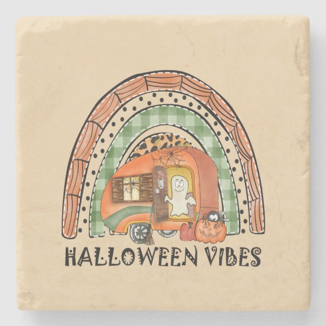 Posavasos De Piedra Camper/ remolque de vibraciones de Halloween con a (Anverso)