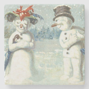 Posavasos De Piedra Campo de nieve de invierno de pareja de Snowman