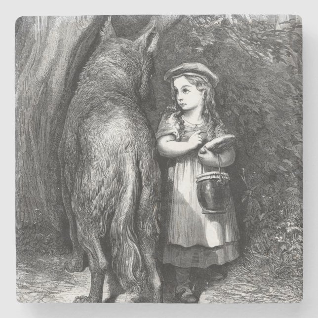 Posavasos De Piedra Caperucita roja se encuentra con el gran lobo malo (Anverso)