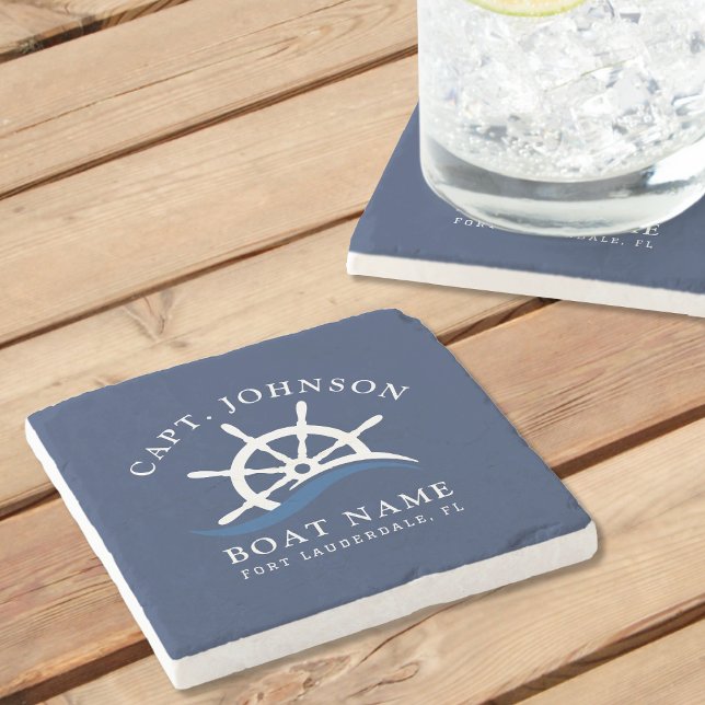 Posavasos De Piedra Capitán de la Marina Nautical Blue Wave Barco Helm (Nautical Blue Wave Navy Captain Ship Helm Boat Stone Coaster)