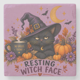 Posavasos De Piedra Cara de Bruja Relajada Gato Negro Halloween