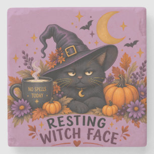 Posavasos De Piedra Cara de Bruja Relajada Gato Negro Halloween