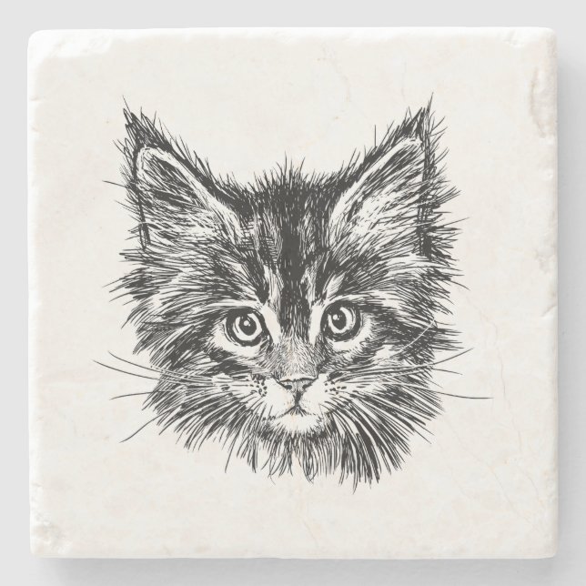 Posavasos De Piedra Cara de gatito negro y blanco (Anverso)