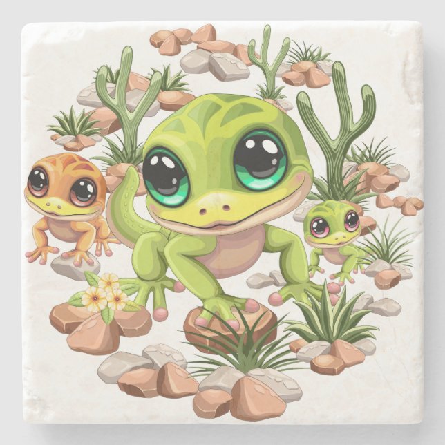 Posavasos De Piedra Caracteres de dibujos animados de Baby Geckos Cute (Anverso)