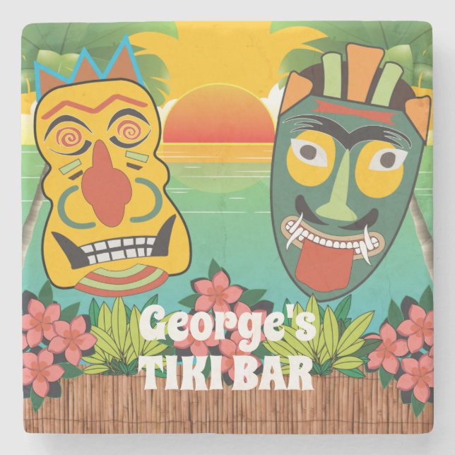 Posavasos De Piedra Caras tiki divertidas y atardecer tropical (Anverso)