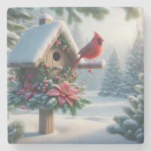 Posavasos De Piedra Cardenal de invierno en un hogar festivo
