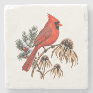 Posavasos De Piedra Cardenal Rojo y Cabezas de Semillas Nevadas