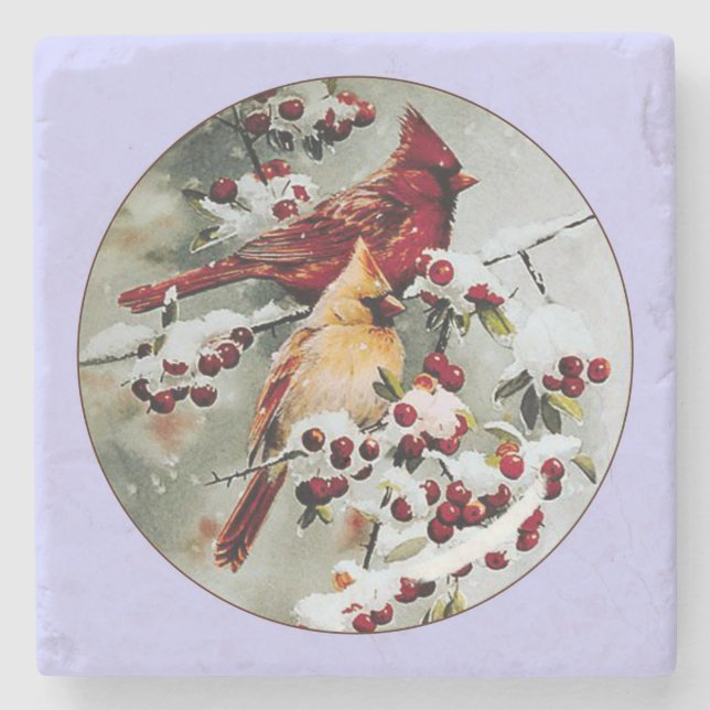 Posavasos De Piedra Cardenales amarillos y rojos (Anverso)