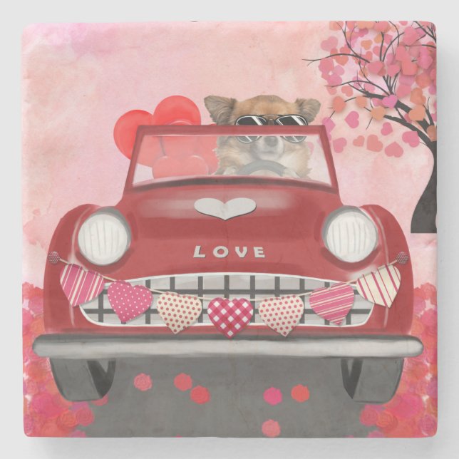 Posavasos De Piedra Carro de conducción de perro chihuahua con corazón (Anverso)