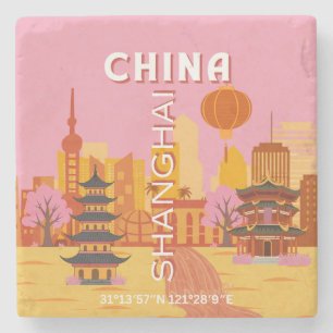 Posavasos De Piedra Cartel Antiguo de Viajes a Shanghai China
